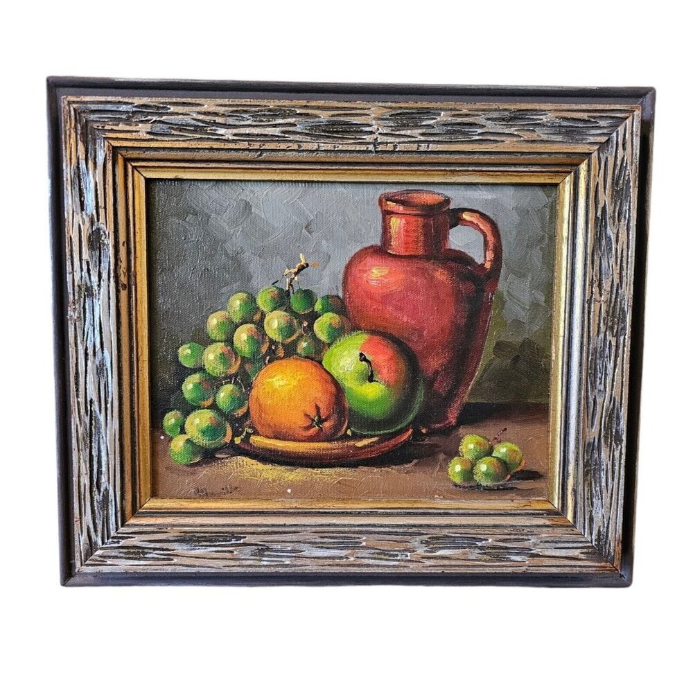Vintage Still Life Fruit‎ Bowl Oil Painting Apple Canvas Wood Frame Midcentury